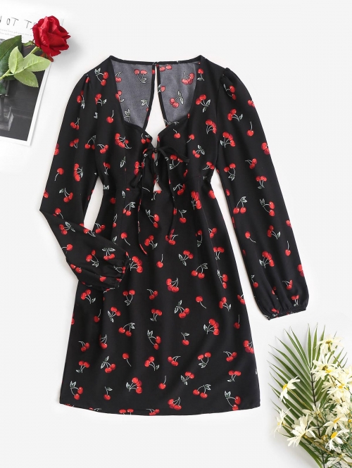 Print Tie Front Cherry Open Back Sweetheart Mini Dress M Black