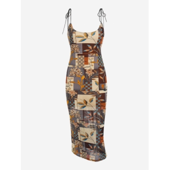 Mini Dress ZAFUL Tie Shoulder Patchwork Print Bodycon Dress M Light coffee