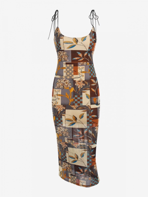 Mini Dress ZAFUL Tie Shoulder Patchwork Print Bodycon Dress M Light coffee