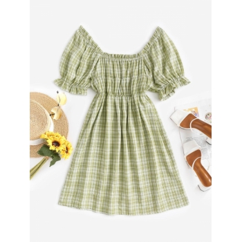 Mini Dress Plaid Ruffle Puff Sleeve Mini Dress M Light green