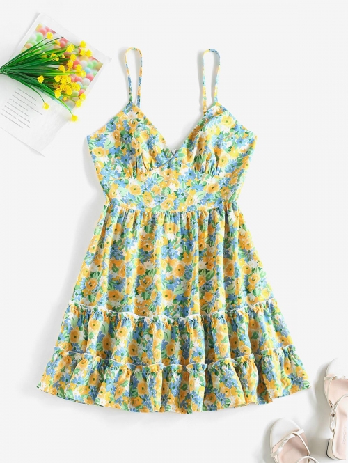 Mini Dress ZAFUL Frilled Tiered Painting Floral Cami Mini Dress S Light green