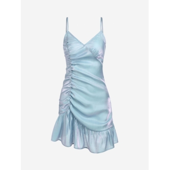 Mini Dress ZAFUL Reflective Ruffles Ruched Cami Mini Dress M Blue