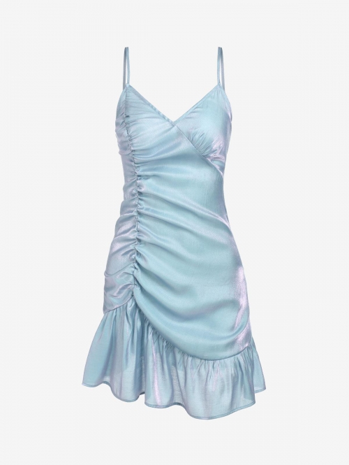 Mini Dress ZAFUL Reflective Ruffles Ruched Cami Mini Dress M Blue