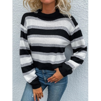 Women Mock Neck Mixed Stripes Short Sweater L