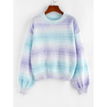 Women Ombre Tie Dye Drop Shoulder Sweater L Light blue