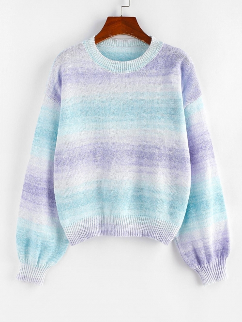 Women Ombre Tie Dye Drop Shoulder Sweater L Light blue