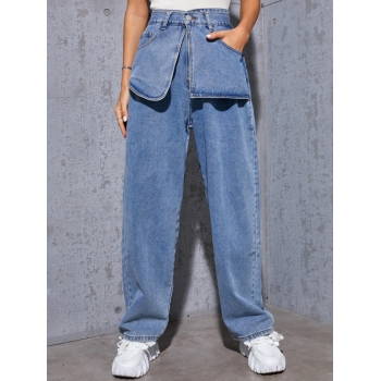 High Waisted Layered Pockets Baggy Jeans S Blue