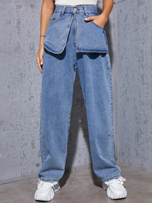 High Waisted Layered Pockets Baggy Jeans S Blue