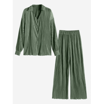 Plisse Set Pleated Elegant Office or Formal Button Up Long Sleeves Shirt and High Elastic Waist Pants S Deep green