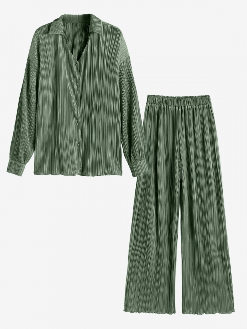 Plisse Set Pleated Elegant Office or Formal Button Up Long Sleeves Shirt and High Elastic Waist Pants S Deep green