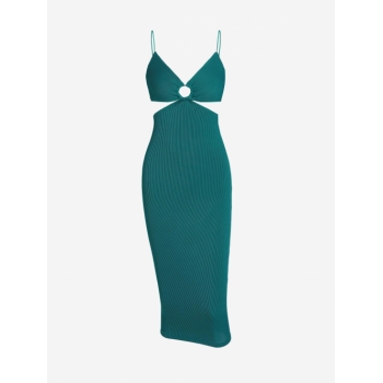 Mini Dress ZAFUL Ribbed O Ring Cut Out Bodycon Dress S Deep green