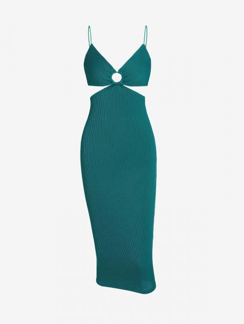 Mini Dress ZAFUL Ribbed O Ring Cut Out Bodycon Dress S Deep green