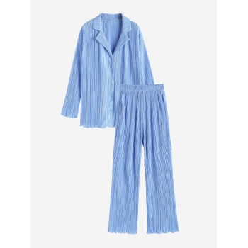 Plisse Set Pleated Long Sleeves Slight Stretch Button Up Lapel collar Shirt and Straight Wide-leg Pants Co-ord Set Soft Summer Versatile Two-piece M L