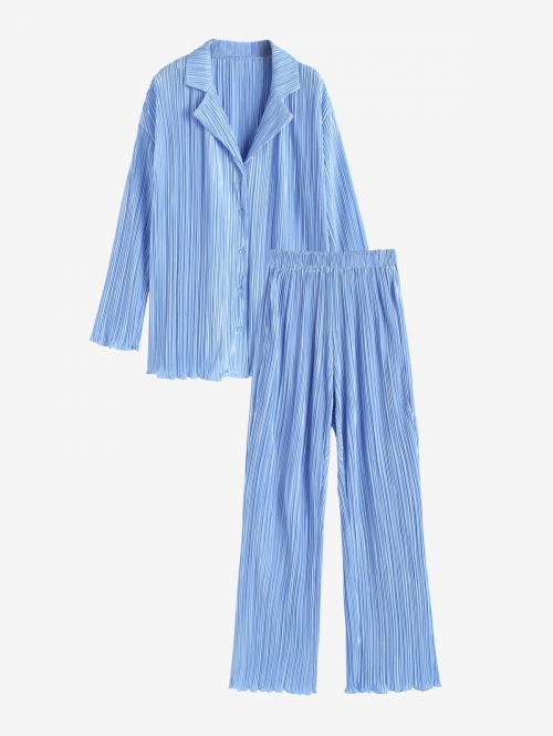 Plisse Set Pleated Long Sleeves Slight Stretch Button Up Lapel collar Shirt and Straight Wide-leg Pants Co-ord Set Soft Summer Versatile Two-piece M L