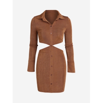 Long Sleeve Button Front Cut Out Long Sleeve Slinky Dress S Deep coffee