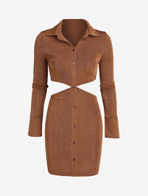 Long Sleeve Button Front Cut Out Long Sleeve Slinky Dress S Deep coffee