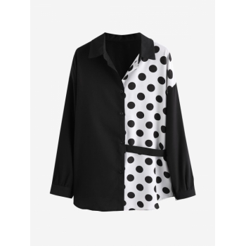 Women Blouses Polka Dot Drop Shoulder Belted Shirt S Black