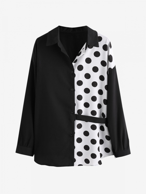 Women Blouses Polka Dot Drop Shoulder Belted Shirt S Black