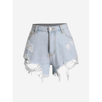 High Waisted Distressed Cutoff Denim Shorts M Light blue