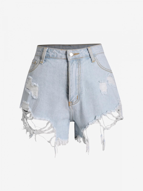 High Waisted Distressed Cutoff Denim Shorts M Light blue