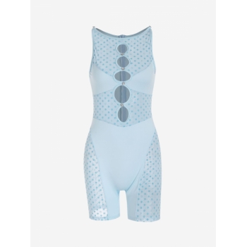 Women Jumpsuit Flocking Dotted Sheer Mesh Oval Cutout Unitard Romper M Light blue