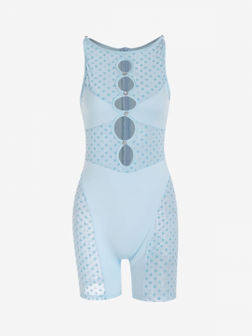 Women Jumpsuit Flocking Dotted Sheer Mesh Oval Cutout Unitard Romper M Light blue