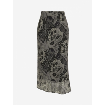 Patterned Mesh Overlay Midi Skirt L Black