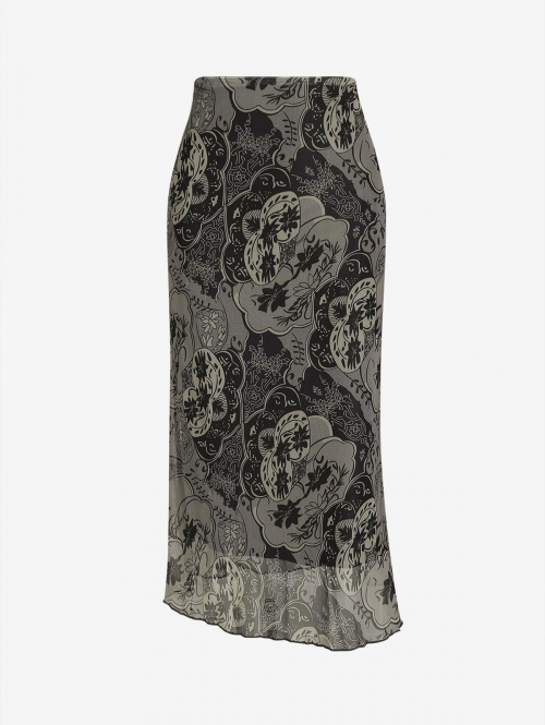 Patterned Mesh Overlay Midi Skirt L Black