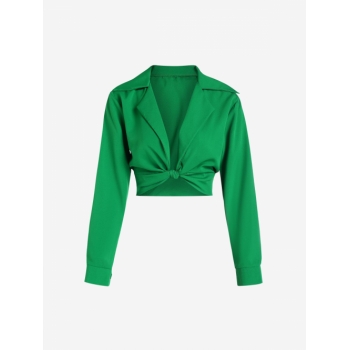 Knotted Lapel Crop Shirt L Deep green