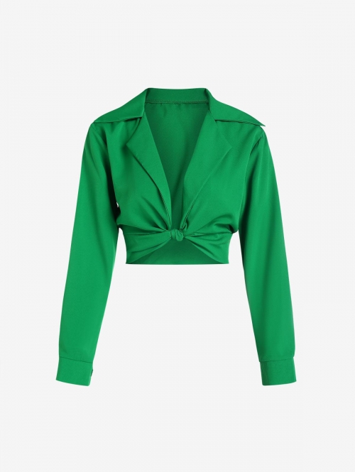 Knotted Lapel Crop Shirt L Deep green