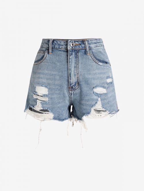 Women's High Waisted Raw Hem Distressed Ripped Light Wash Casual Denim Shorts S Blue