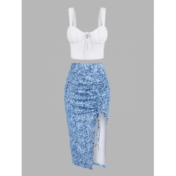 Women's Ruched Tied Bustier Cami Top And Floral Print Side High Split Self Tie Ruffled Skirt Set Two Piece Dress Blue