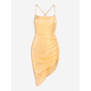 Mini Dress ZAFUL Ruched Criss Cross Silky Slip Dress S Light yellow