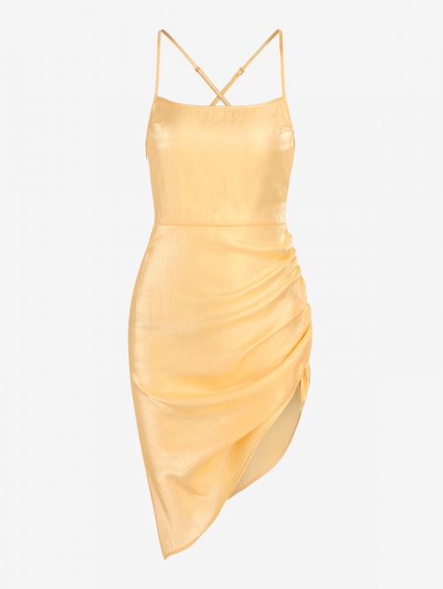 Mini Dress ZAFUL Ruched Criss Cross Silky Slip Dress S Light yellow