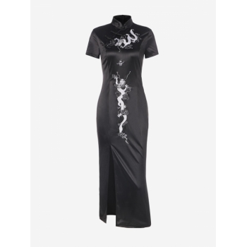 Mini Dress Silky Embroidered Cheongsam Slit Midi Dress S Black