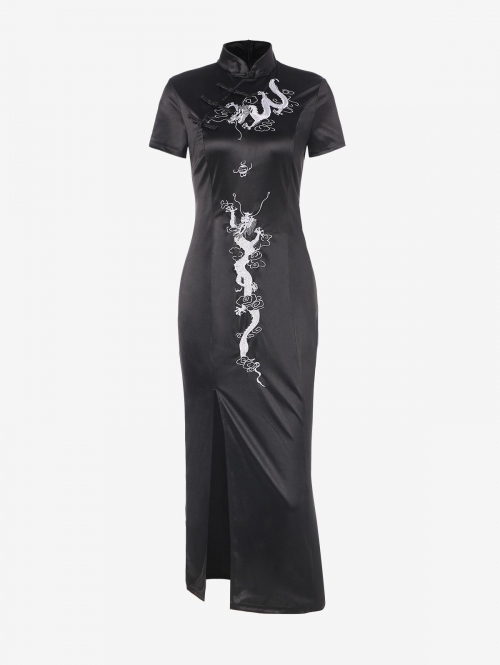 Mini Dress Silky Embroidered Cheongsam Slit Midi Dress S Black