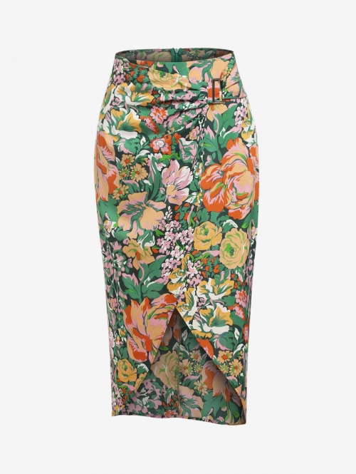 ZAFUL Overlap Tulip Square Ring Floral Skirt M Deep green