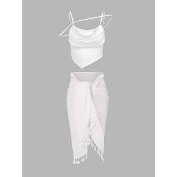 Cowl Neck Strappy Cami Top And Tassels Sarong Skirt White