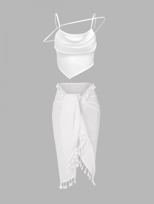 Cowl Neck Strappy Cami Top And Tassels Sarong Skirt White