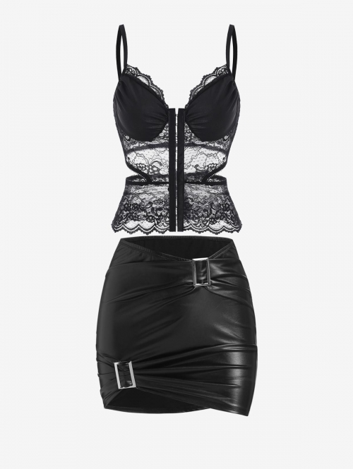 Cut Out Bustier Cami Top With PU Leather Mini Skirt Black