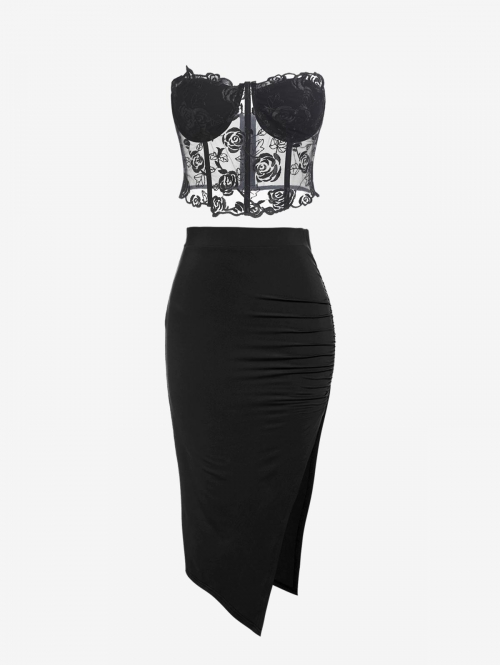 ZAFUL Date Night Out Strapless Sleeveless Lace Corset Top and Asymmetrical Slit Bodycon Slim Elastic Waist Spring Summer Midi Skirt Set Black