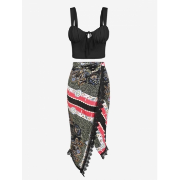 Ruched Bust Crop Top With Ethinc Print Wrap Skirt Black