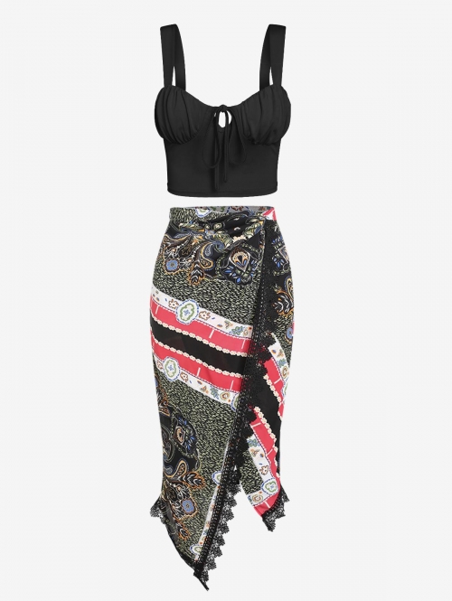 Ruched Bust Crop Top With Ethinc Print Wrap Skirt Black