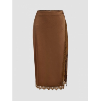 ZAFUL Satin Lace Insert Slit Midi Skirt S Deep coffee