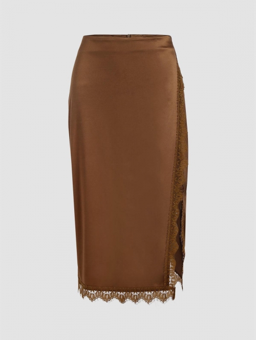 ZAFUL Satin Lace Insert Slit Midi Skirt S Deep coffee