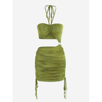 Women Jersey Cinched O Ring Cut Out Slinky Dress L Light green