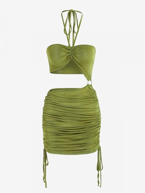 Women Jersey Cinched O Ring Cut Out Slinky Dress L Light green