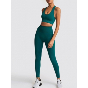 Women Sporty Set Knit Tank Top and Seamless Yoga Sport Leggings Set L Deep green