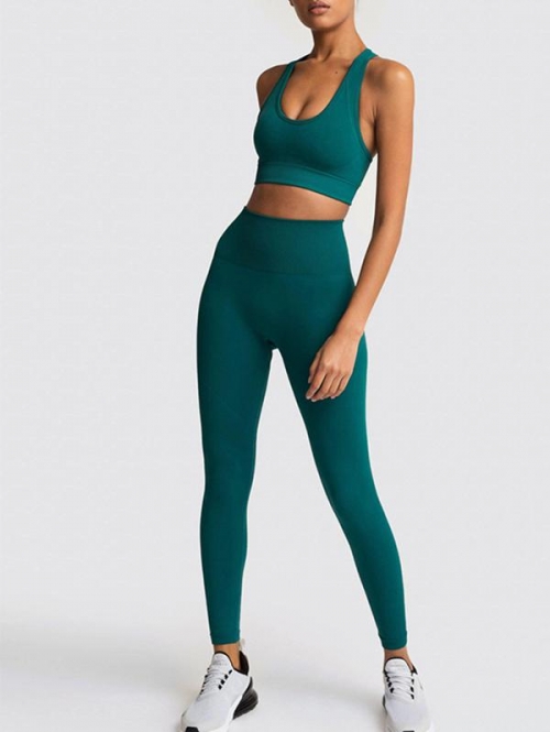 Women Sporty Set Knit Tank Top and Seamless Yoga Sport Leggings Set L Deep green