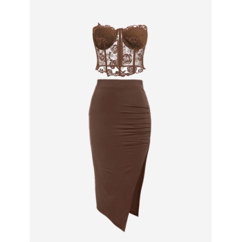 ZAFUL Date Night Out Strapless Sleeveless Lace Corset Top and Asymmetrical Slit Bodycon Slim Elastic Waist Spring Summer Midi Skirt Set Coffee